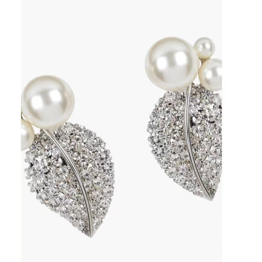 Wholesale Water Diamond Pearl Leaves  Blingbling Earrings