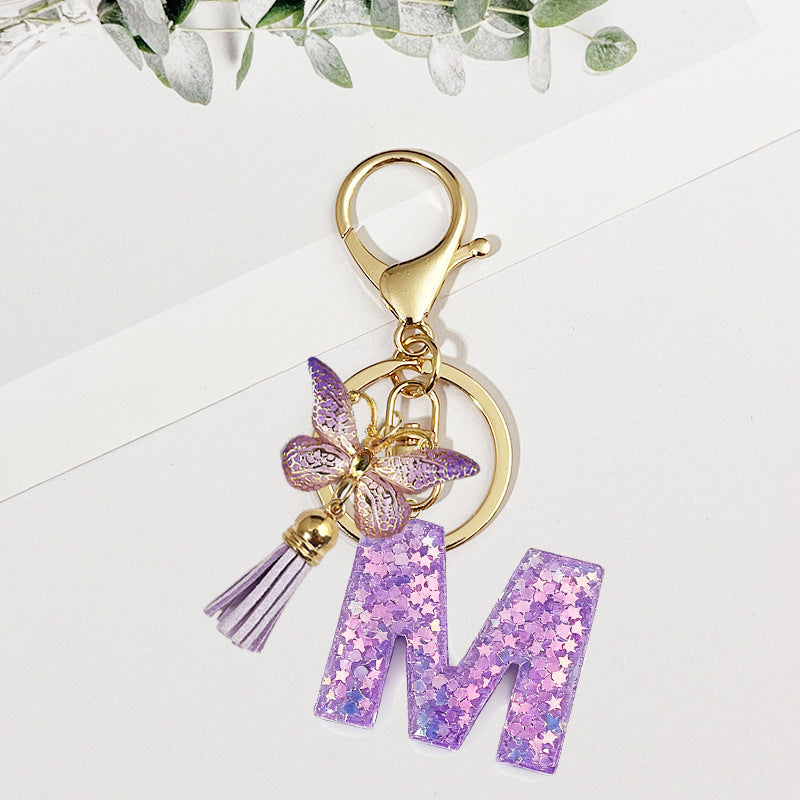 Wholesale Pink sequined butterfly 26 letter Sequin Keychain