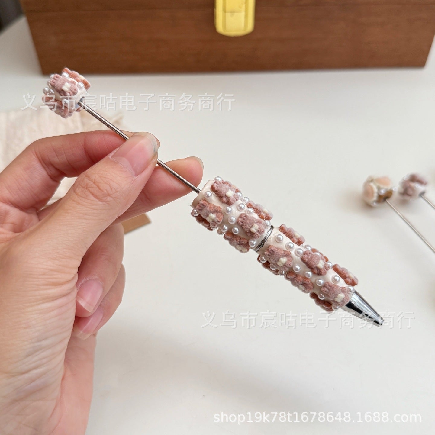 Wholesale  2pcs Flocked Heart Bear Bow  Ballpoint Fancy Beadable Pens DIY Beaded