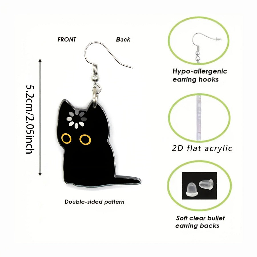 Wholesale Trendy Acrylic 2D Double Sided Cartoon Black Cat Earrings Cute Kitten Jewelry Accessory Boutique Resale Gift