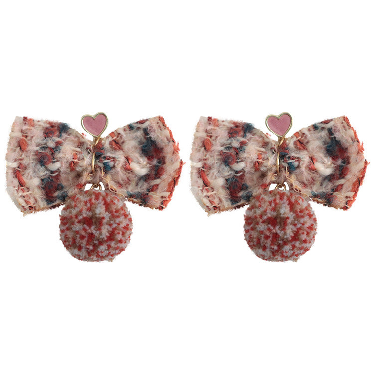 Wholesale Autumn and Winter Plush Fabric Bow Love Earrings