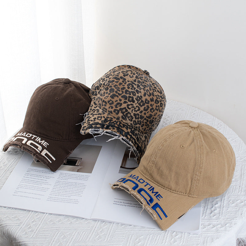 Wholesale Vintage broken brim leopard print large head circumference raw edge distressed baseball cap