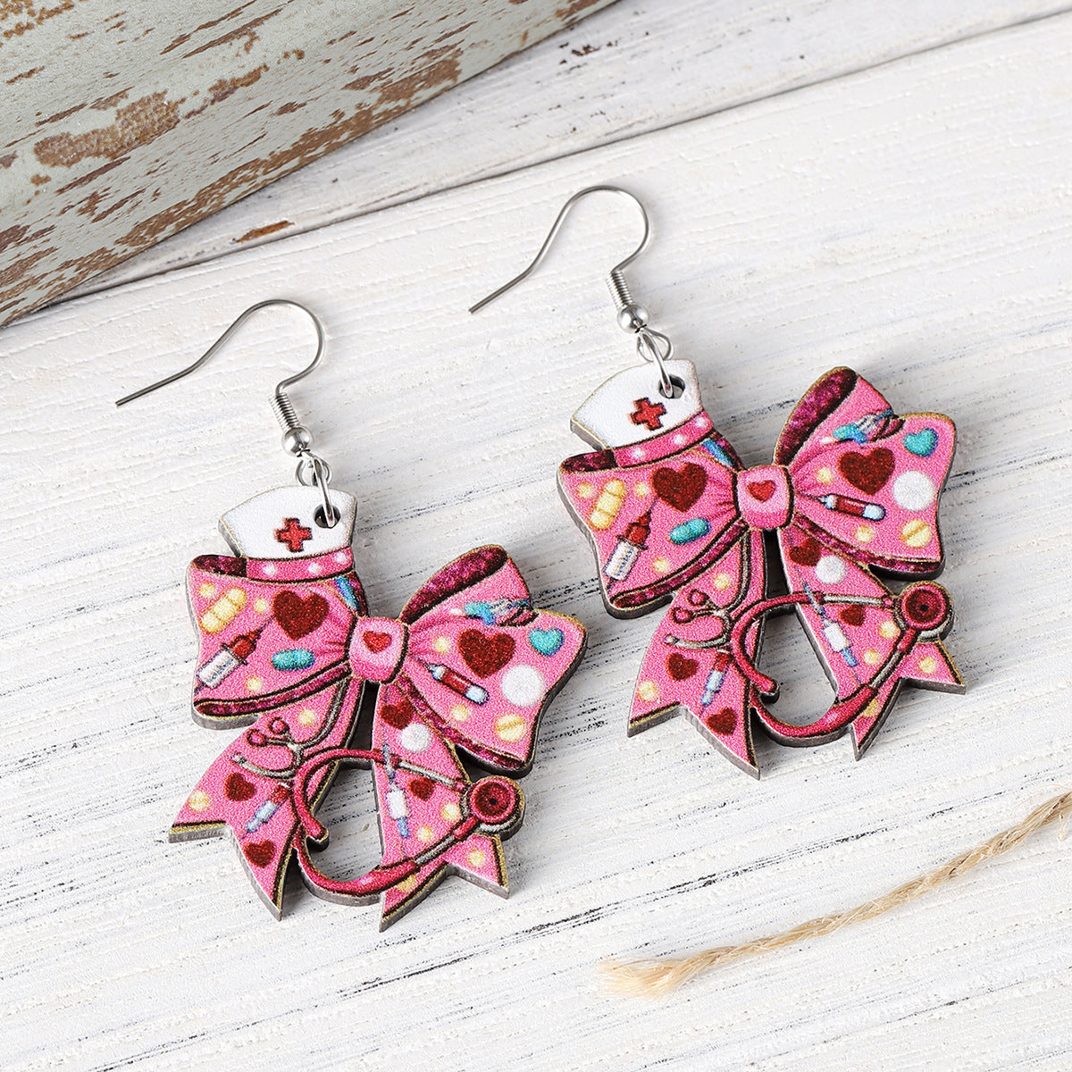 Wholesale Pink Love Nurse Hat Stethoscope Bow Pendant Wooden Earrings