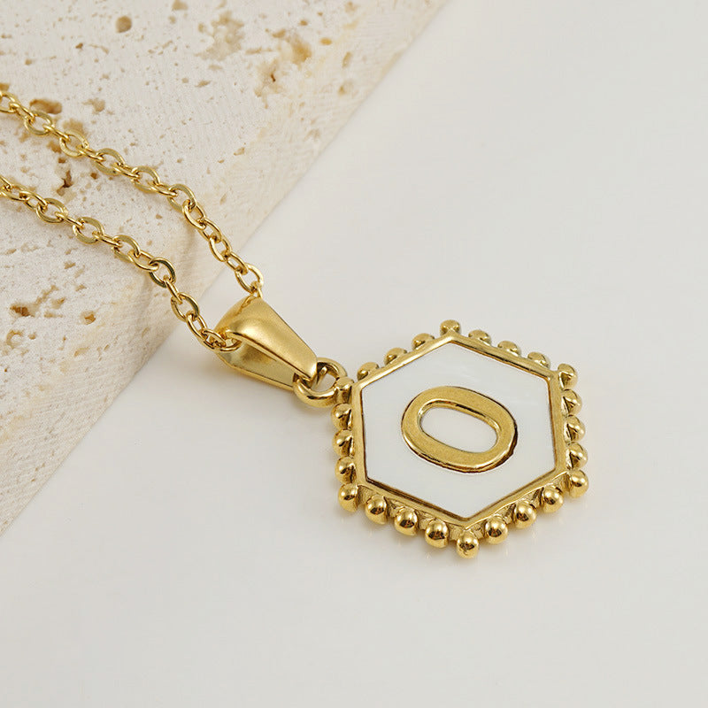 Wholesale Stainless Steel Plated Hexagonal Natural Shell Letter Pendant 18K Necklace