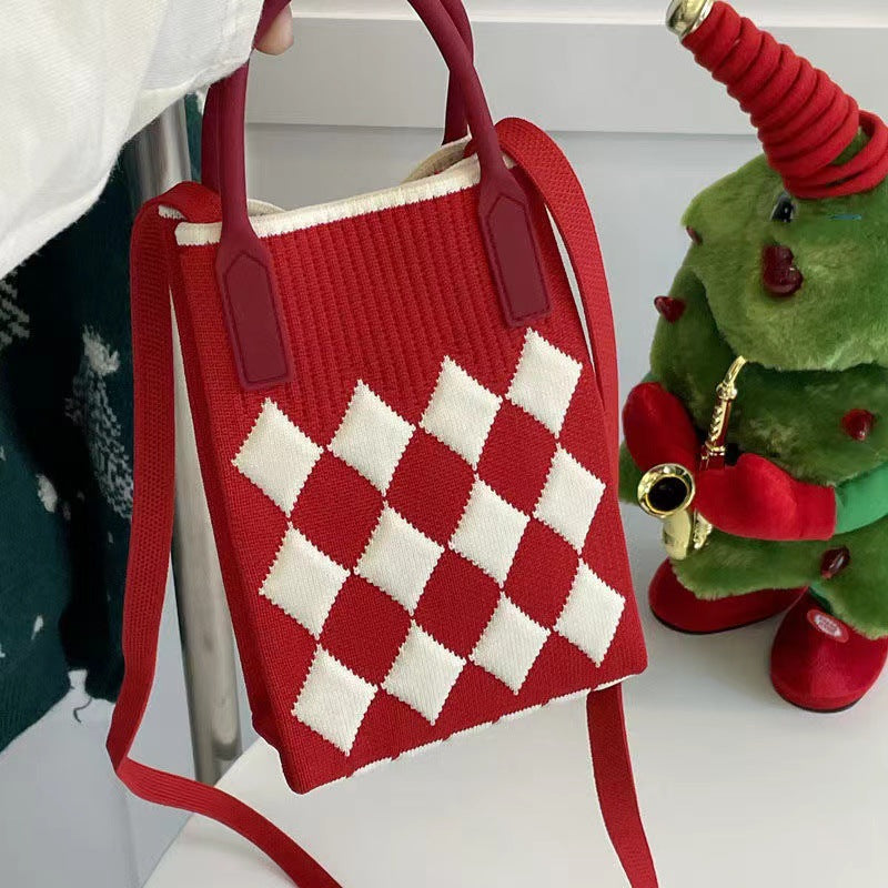 Wholesale Candy Color Mobile Phone Bag Large Capacity Diamond Check Knitted Bag