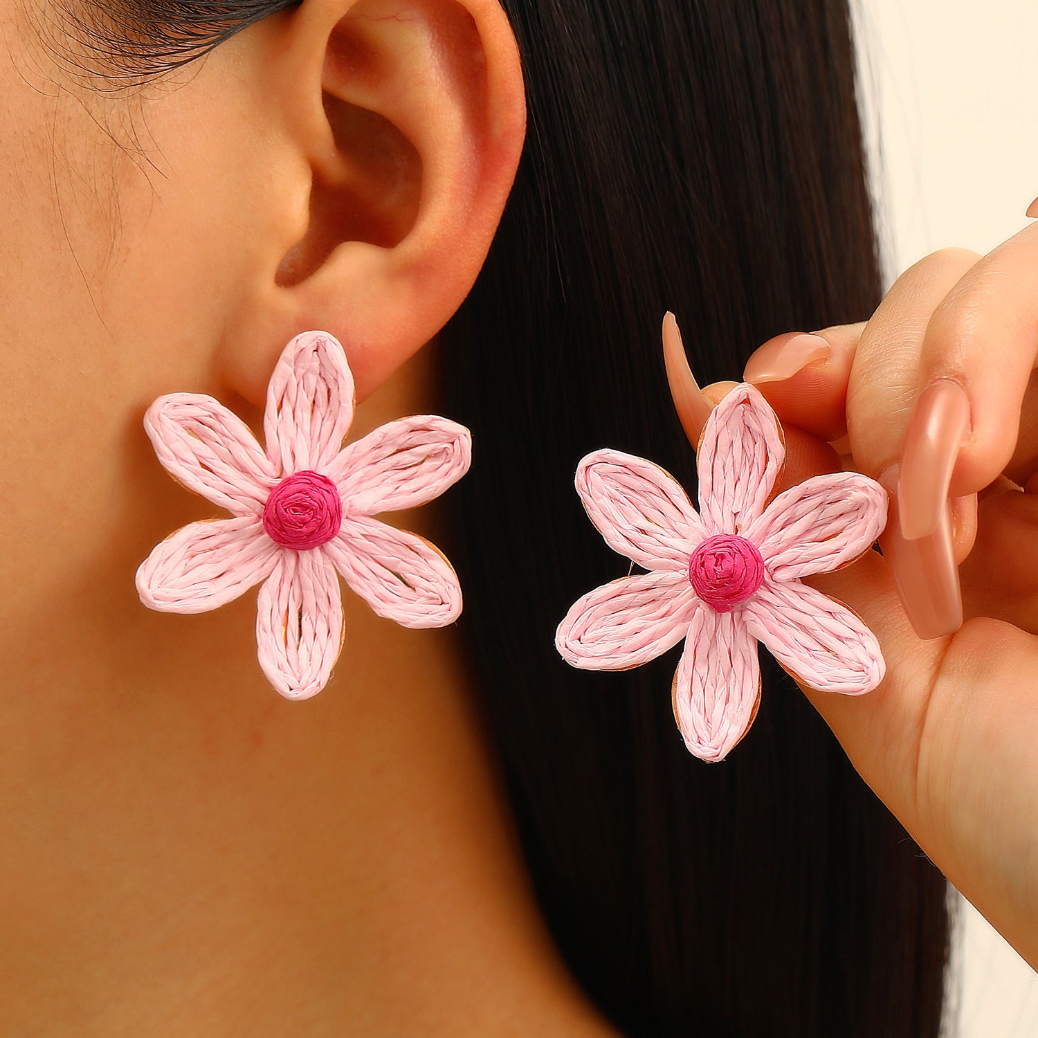 Wholesale Trendy Summer Vacation Hand Knit Raffia Flower Earrings For Women Golden Yellow Fashion Accessory Resale Gift
