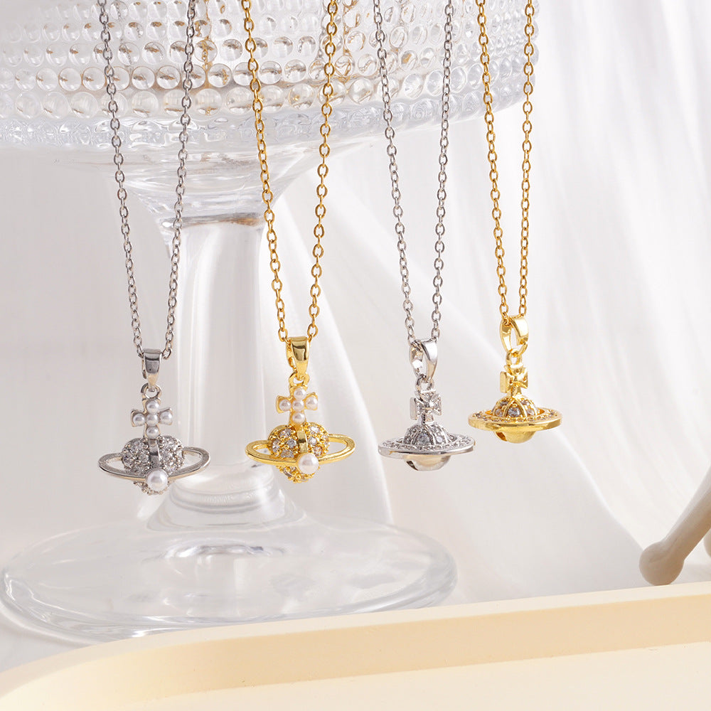 Wholesale Micro inlaid full diamond Saturn pin necklace