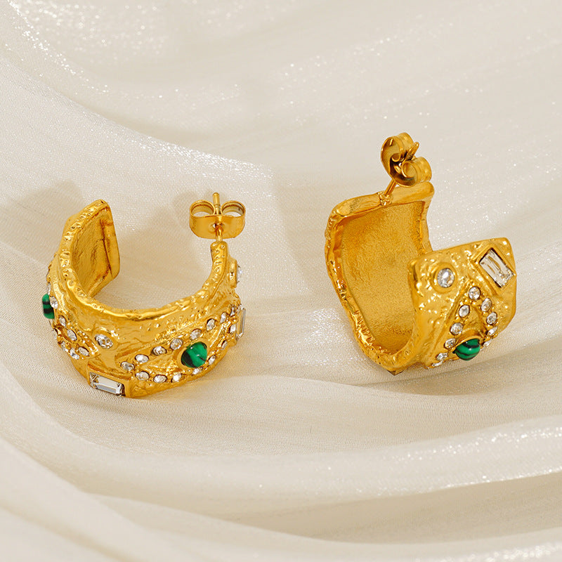 Wholesale Vintage texture devil's eye natural malachite stainless steel earrings