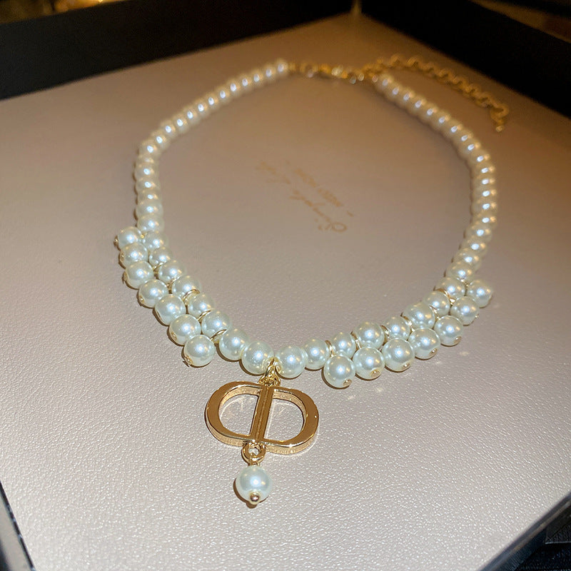 Wholesale French Vintage Pearl Flower Love Necklace Clavicle Chain