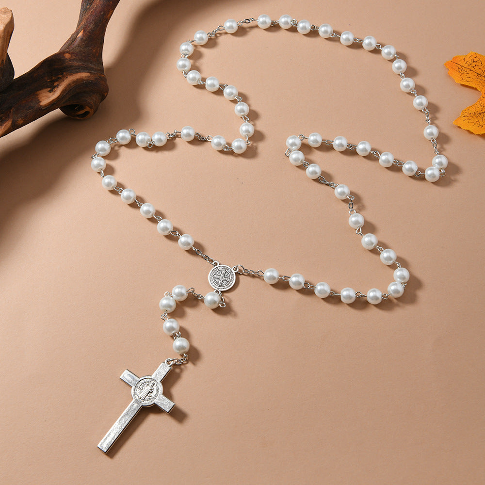 Wholesale Glass Imitation Pearl Cross Rosary Necklace