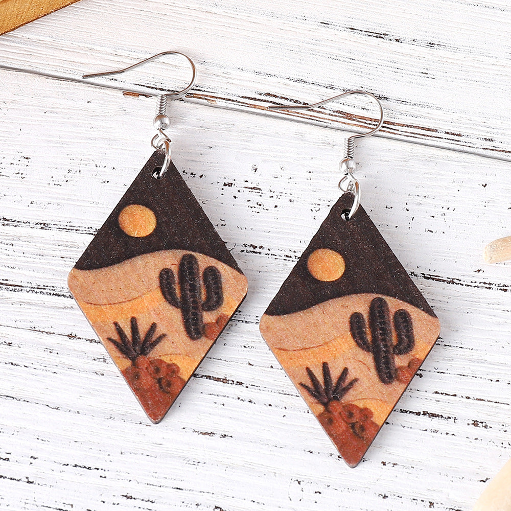 Wholesale Trendy Desert Cactus Wood Drop Earrings Double Sided Geometric Western Style Jewelry Accessory For Boutique Resale