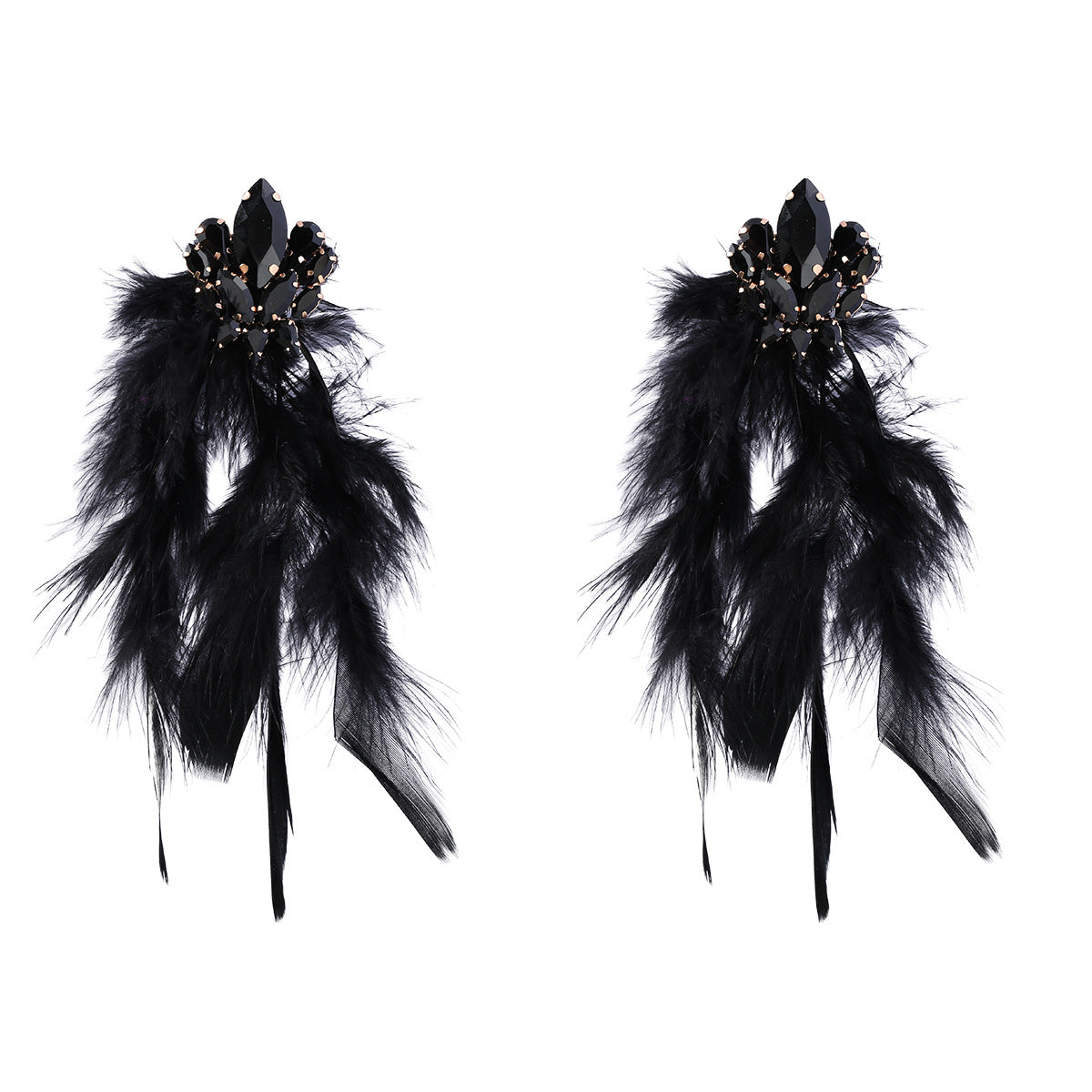 Wholesale Diamond studded floral long feather fringe earrings