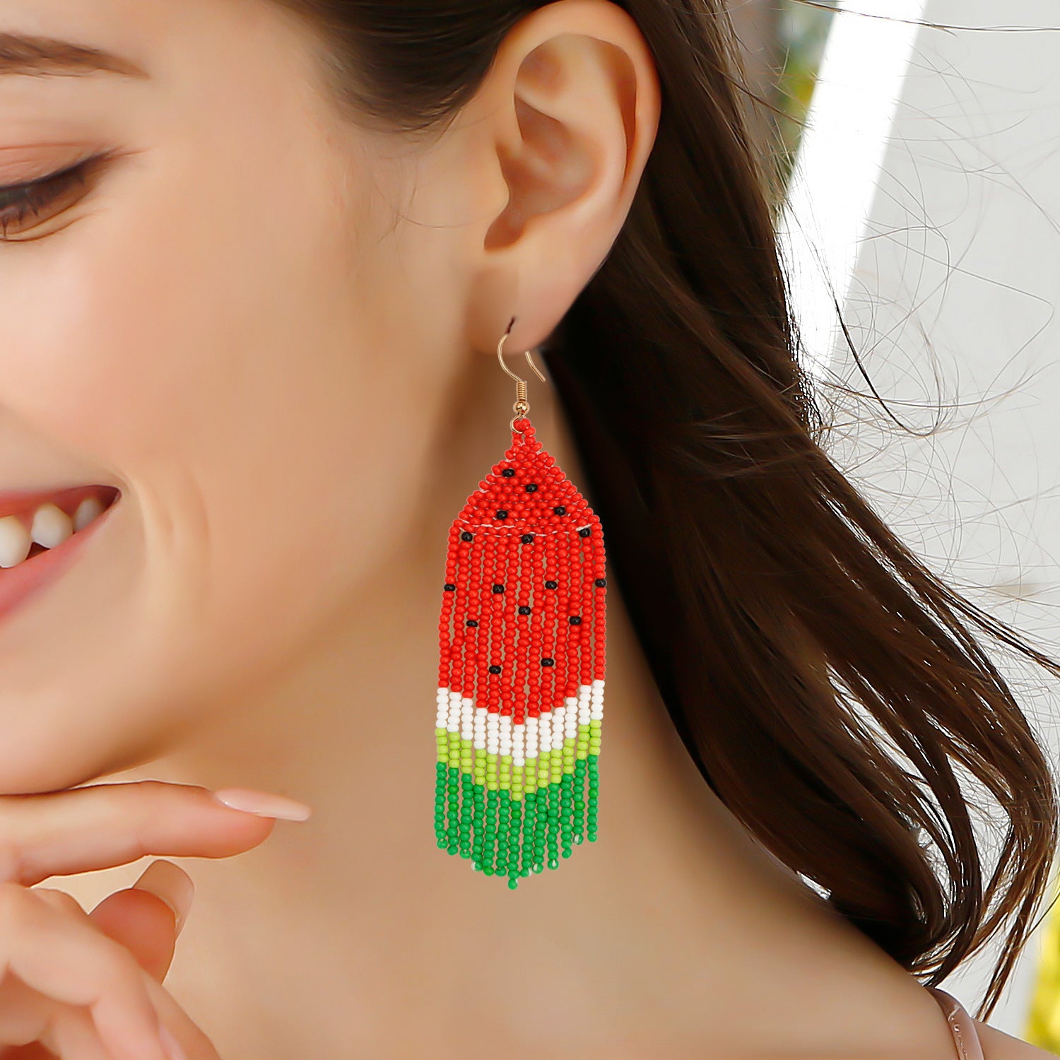 Wholesale Handwoven Tassel Rice Beads Watermelon Fruit Earrings
