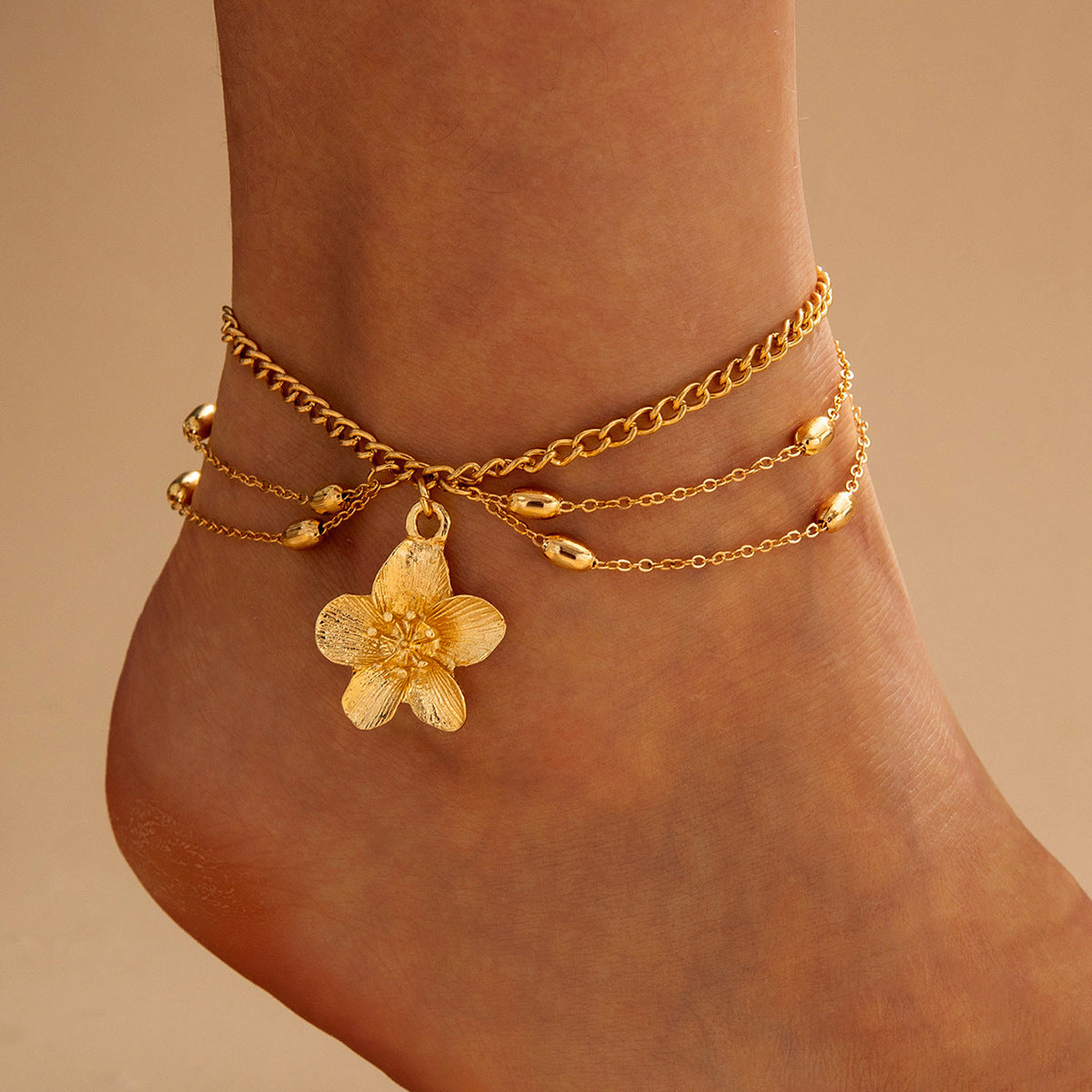 Wholesale Stylish 3D Five Petal Flower Anklet For Women Alloy Foot Chain Boutique Resale Jewelry Accessory