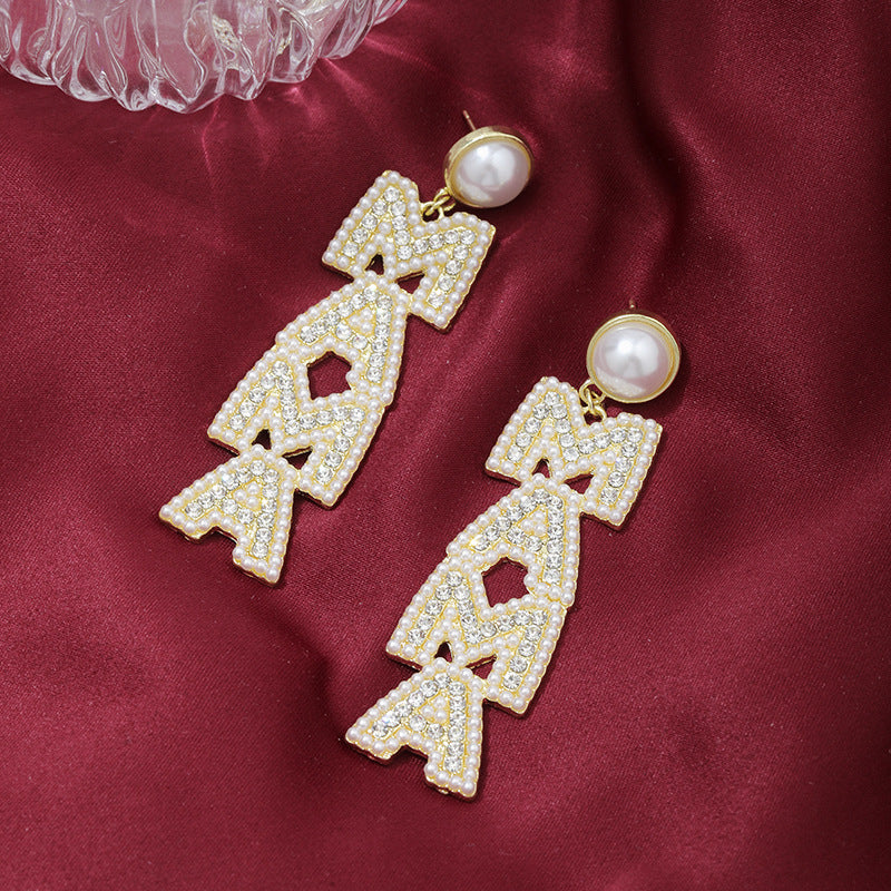Wholesale Mother' s Day Creative Letter  Diamond Pearl Earrings Luxury Earrings