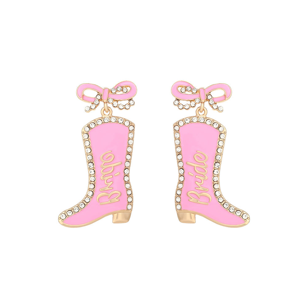 Wholesale Bow Oil Dripping Diamond Western Style BRIDE Cowboy Boot Earrings