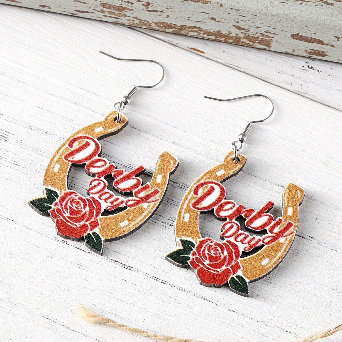 Wholesale Western wind rose flower horseshoe racing wooden double-sided earrings