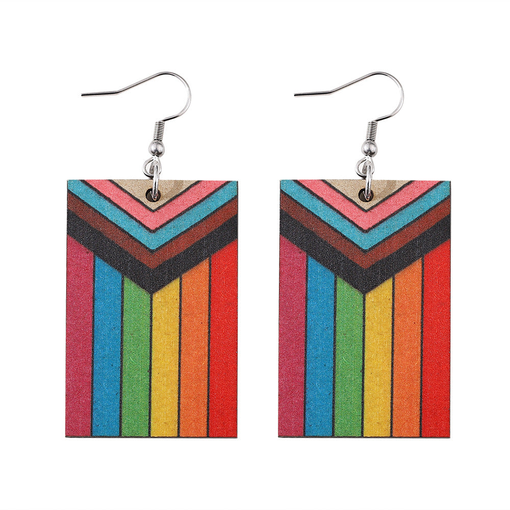 Mes de orgullo al por mayor Rainbow Gay Stars Love Flag Wood Pendientes de madera