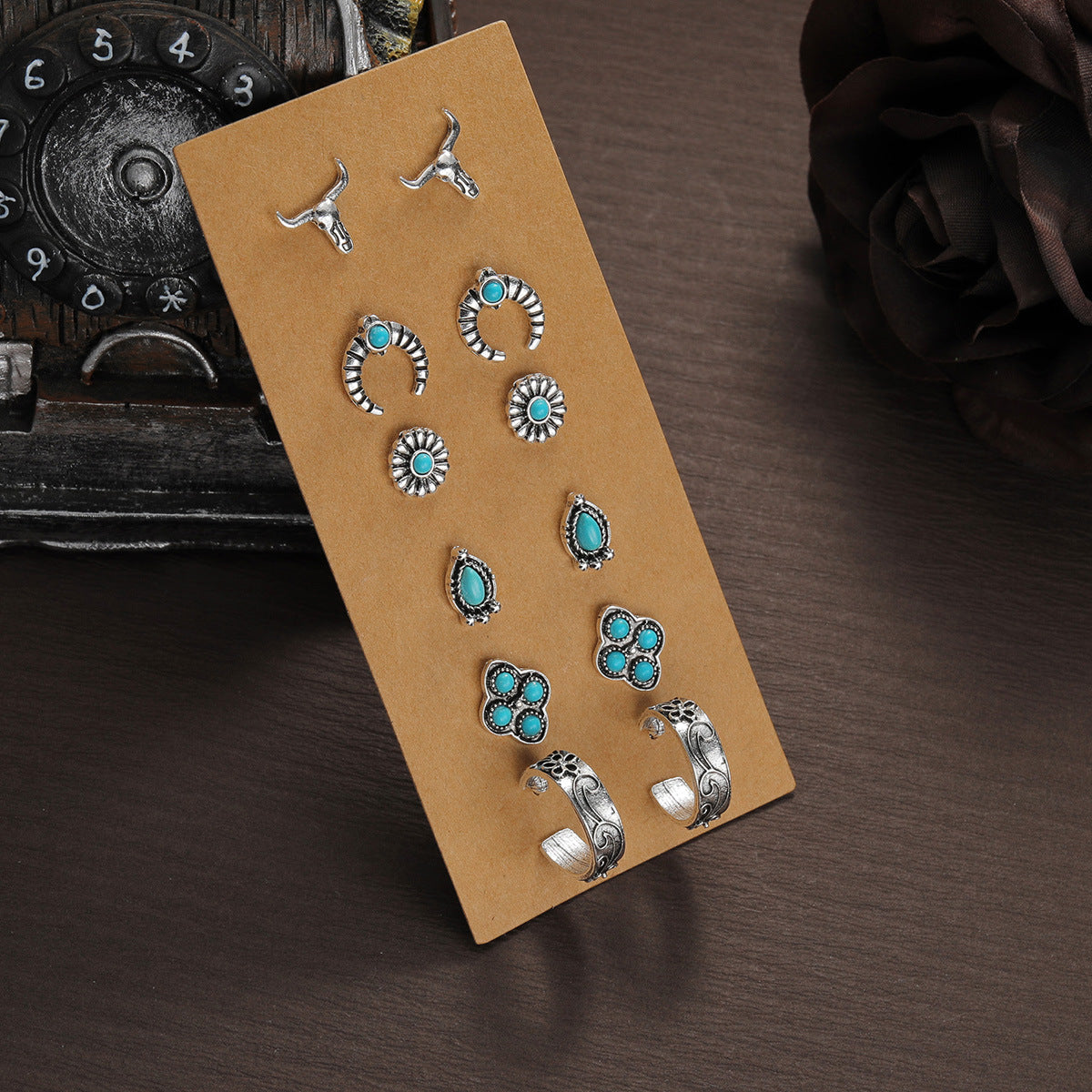 Wholesale Retro Ethnic Style Turquoise Flower Denim Cactus Alloy Earrings
