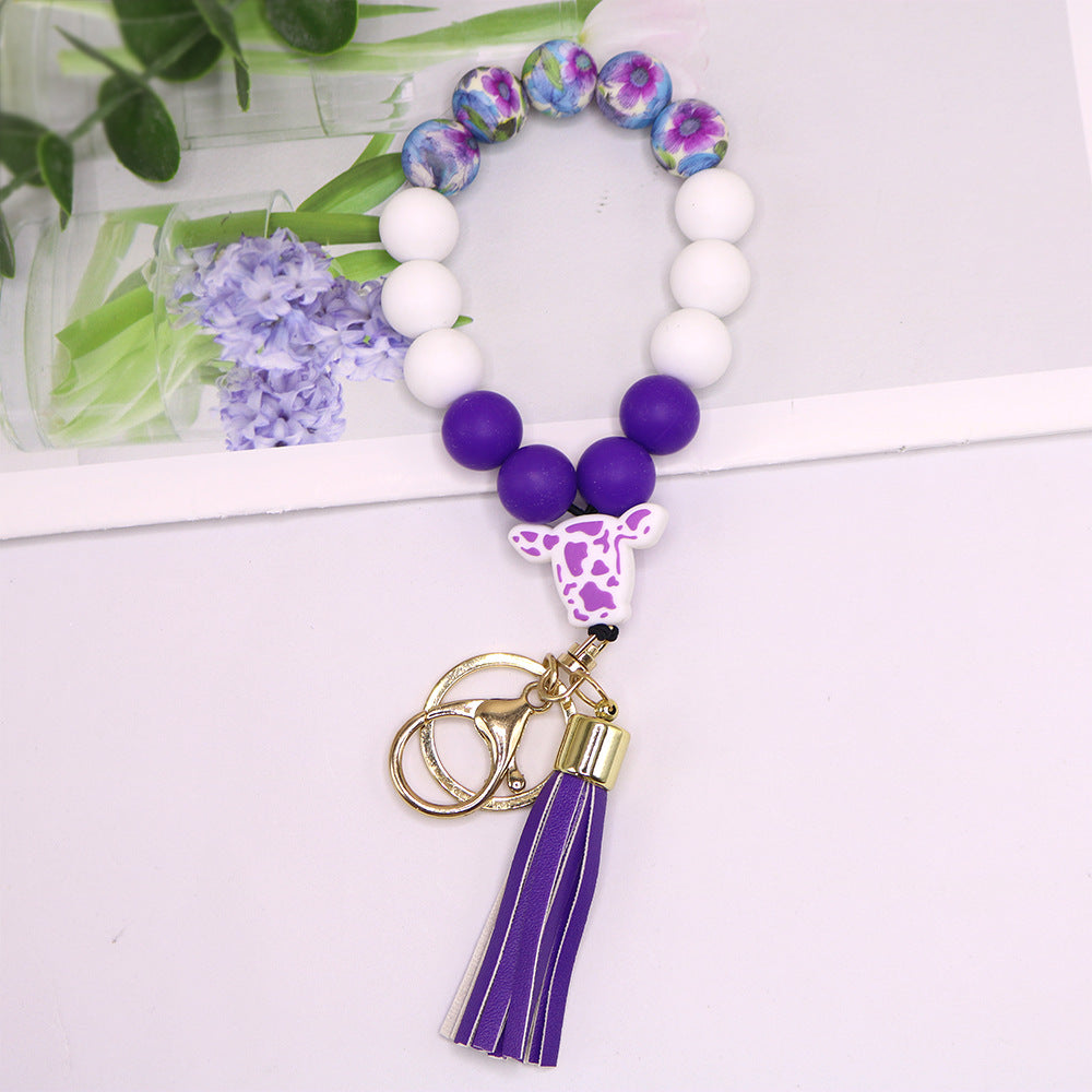 Wholesale Cow Pattern Cow Head Silicone Beaded Wrist Keychain