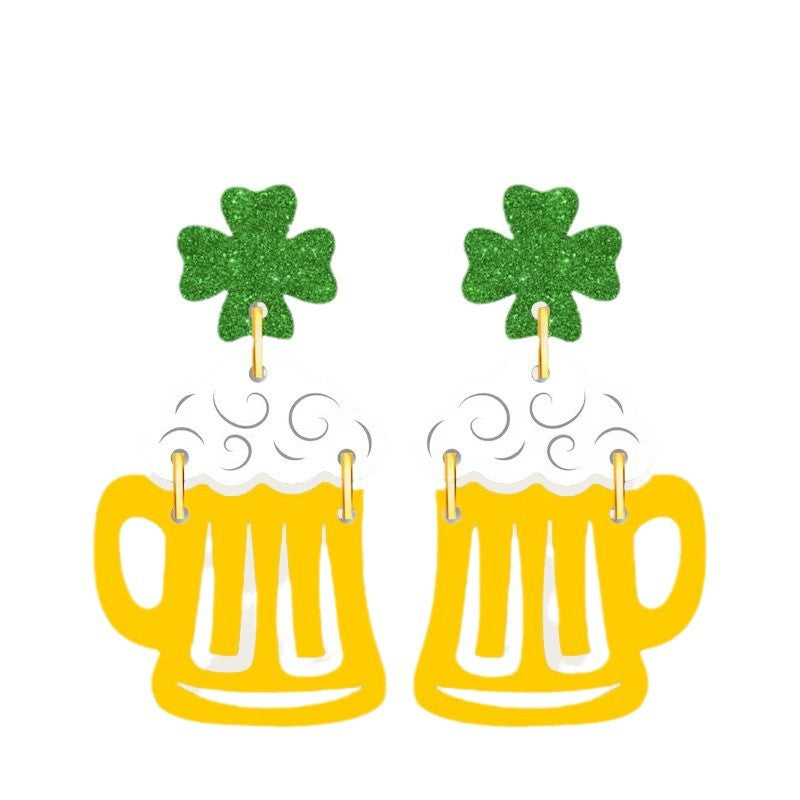 Wholesale Irish Festival Clover St. Patrick Green Yellow Beer Mug Earrings