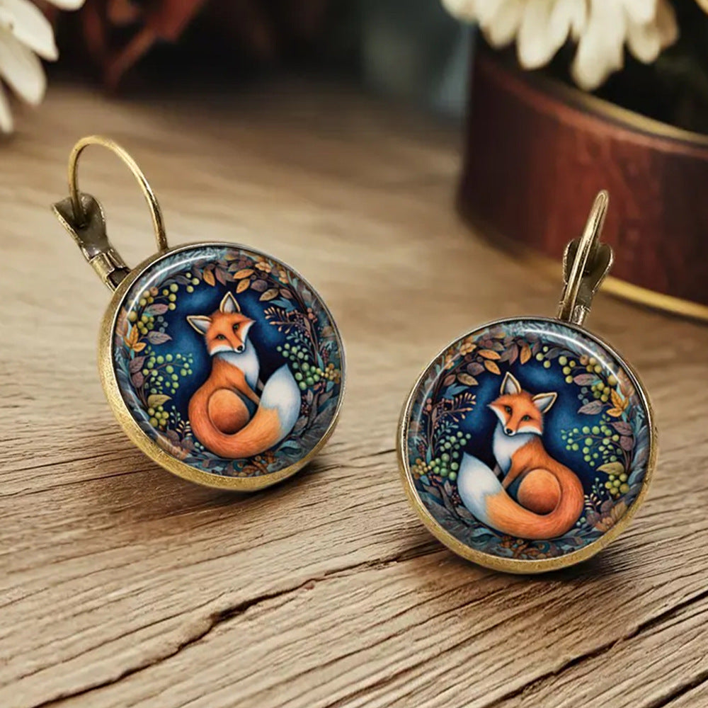 Wholesale 5pcs Vintage Fox Cat Chicken Time Stone Cute Animal Earrings