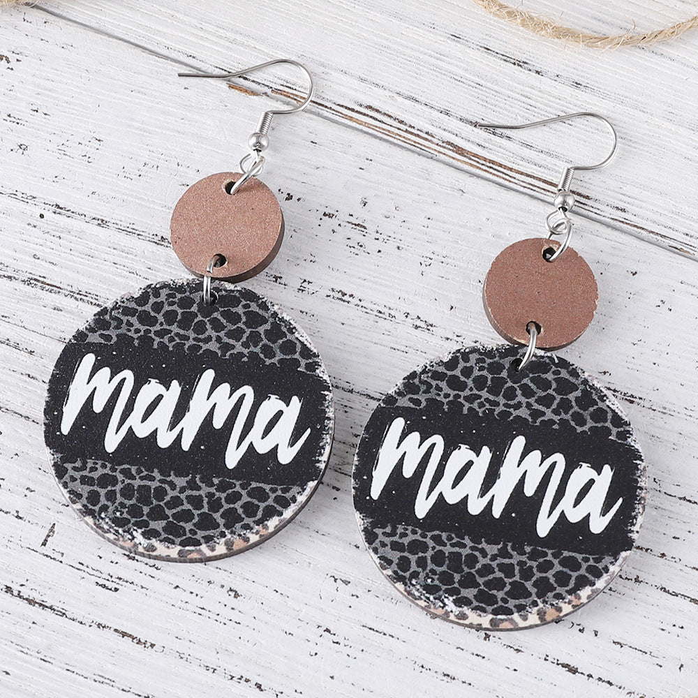 Wholesale Mother' s Day Leopard GIGI MAMA Pendant Wooden Double-sided Earrings