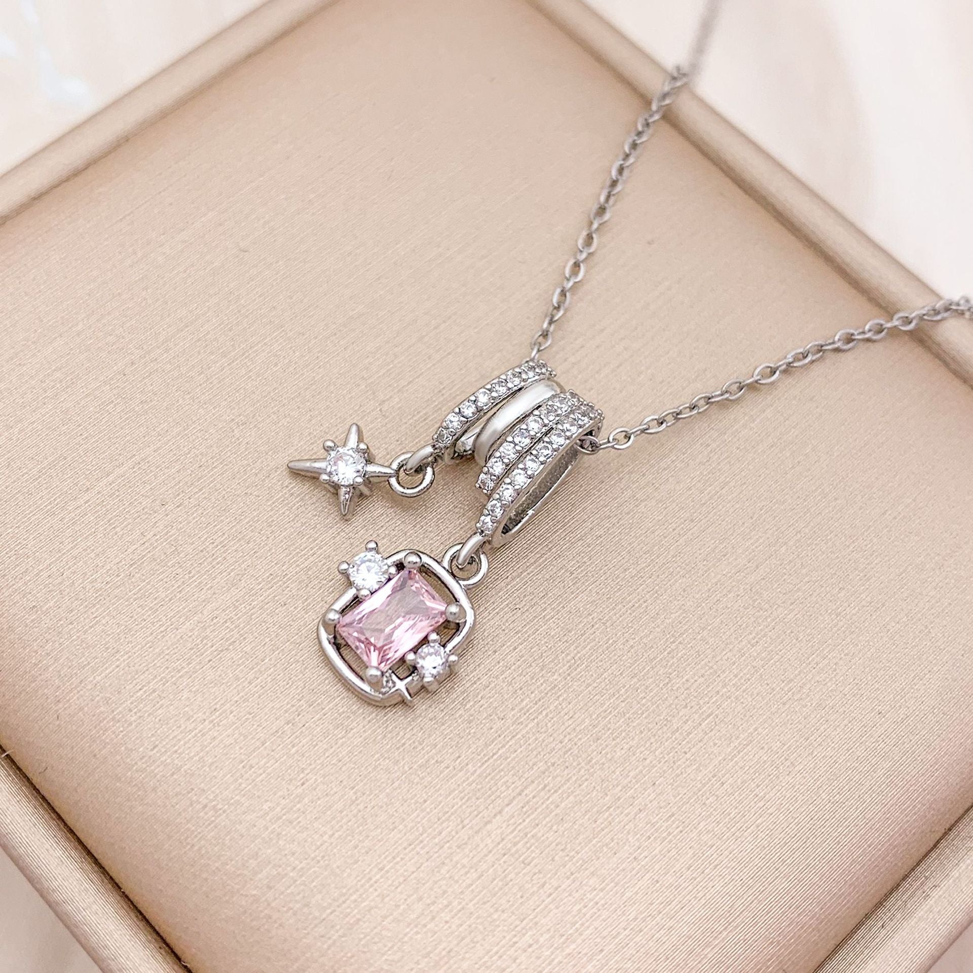 Wholesale Square Ice Cream Color Titanium Steel Necklace Luxury Micro-Paved Zircon Temperament  Accessory