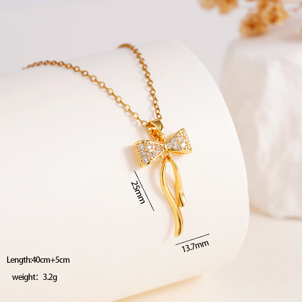 Wholesale Copper Inlaid Zircon Bow Pendant Luxury Versatile Stainless Steel Clavicle Necklace Jewelry