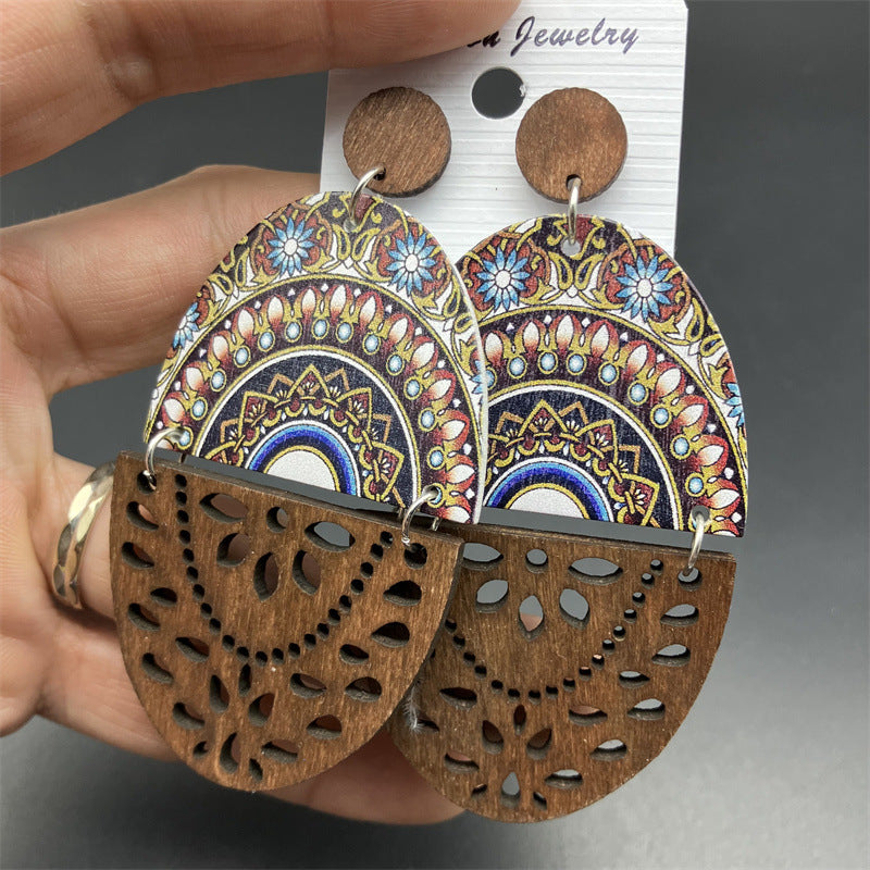 Wholesale Retro Exaggerated Wood Print Hollow Earrings