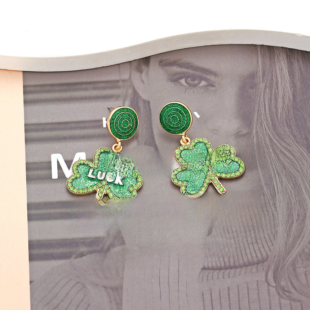 Wholesale St Patrick letter clover alloy drop oil Diamond Irish green Carnival earrings