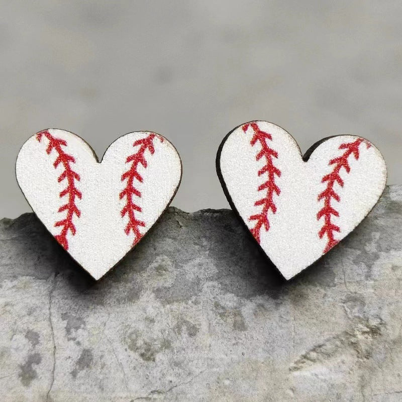 Wholesale Event Sports Accessories Heart Shaped Ball Wooden Earrings