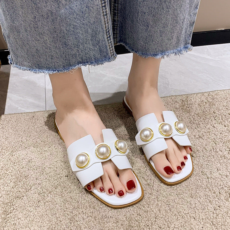 Wholesale Pearl Hollow Low Heel Square Toe Slippers