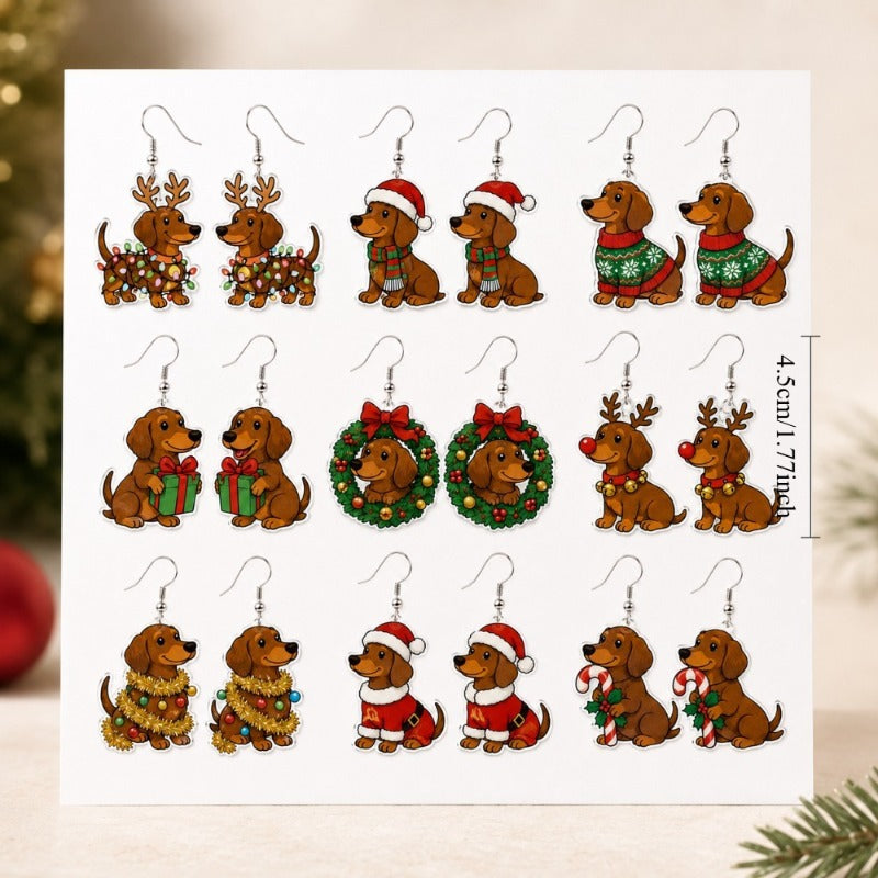 Wholesale Trendy Acrylic Pendant Earrings Reindeer Dachshund Red Green Contrast Jewelry Accessory
