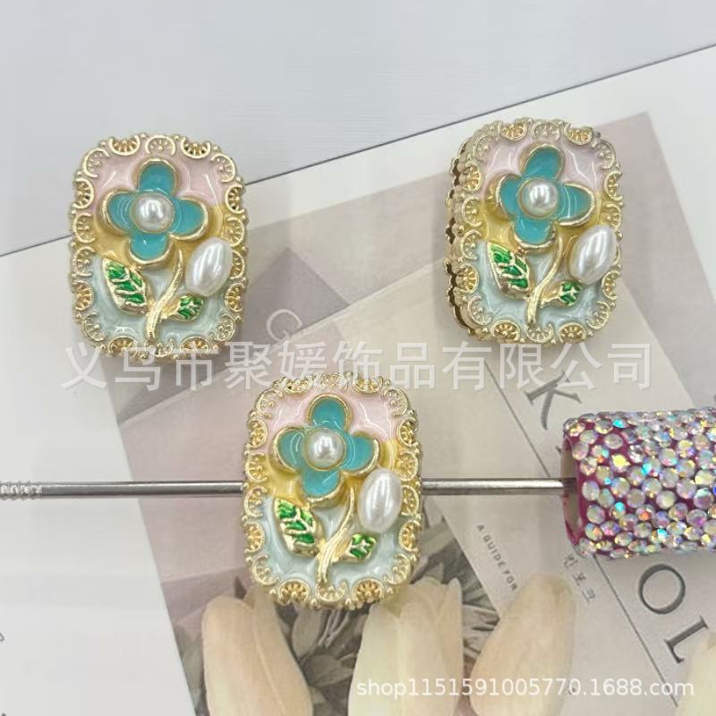 Wholesale 10pcs Oil painting style  flowers pearls beads