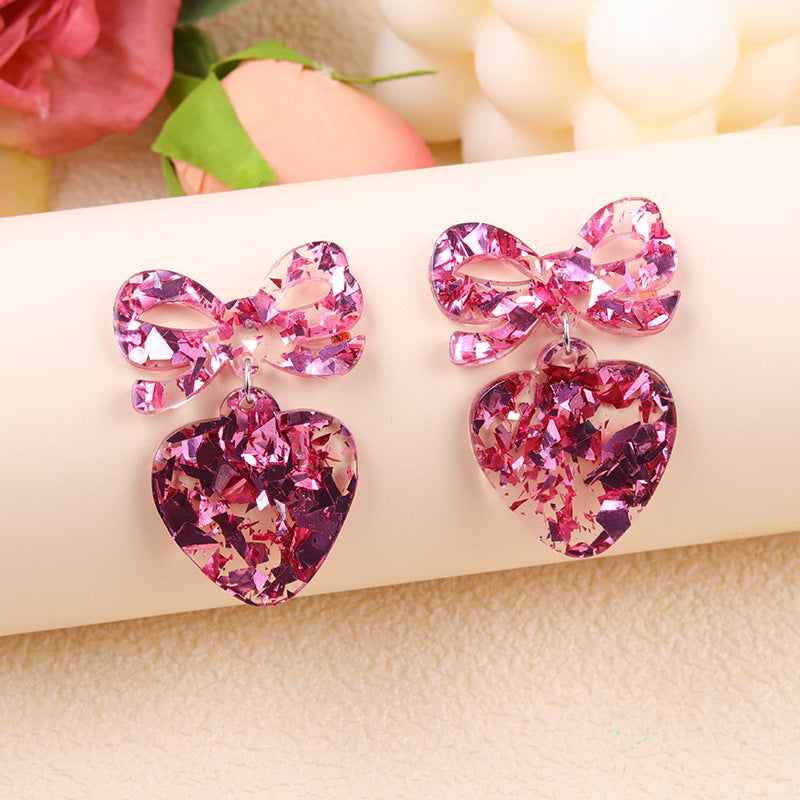 Wholesale Valentine' s Day Sparkling Pink Bow Love Acrylic Earrings