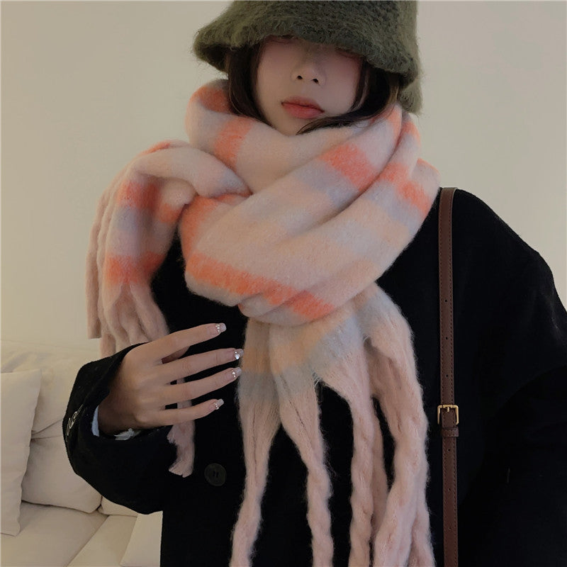 Wholesale Thick Color Striped Tassel Plush Scarf