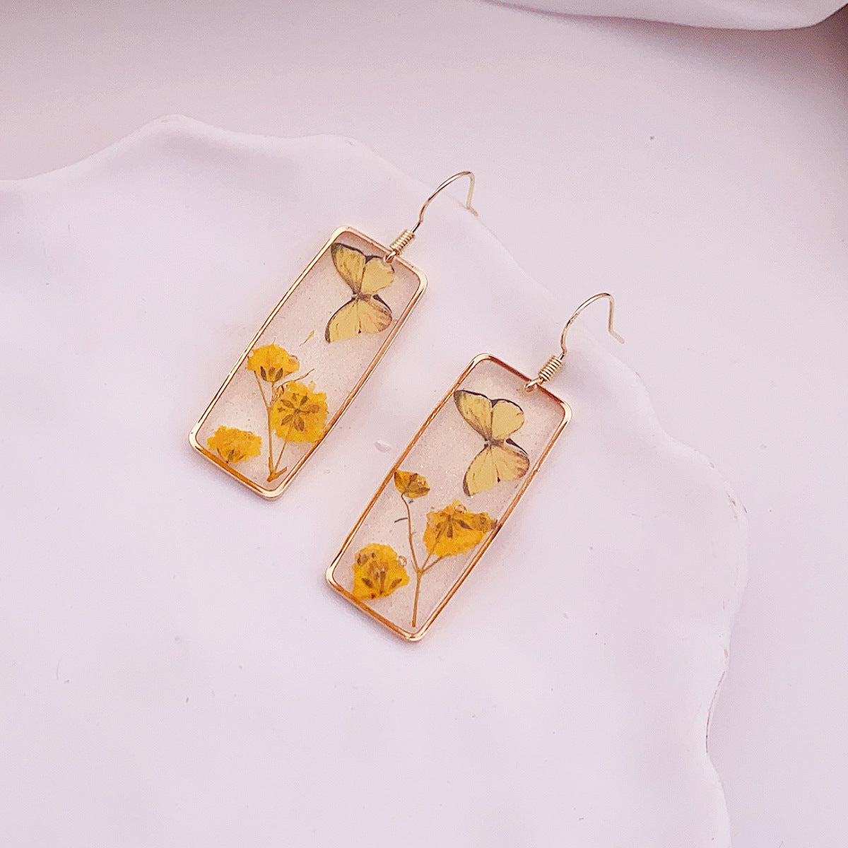 Wholesale Butterfly Drop Glue Preserved Flower Rectangular Earrings
