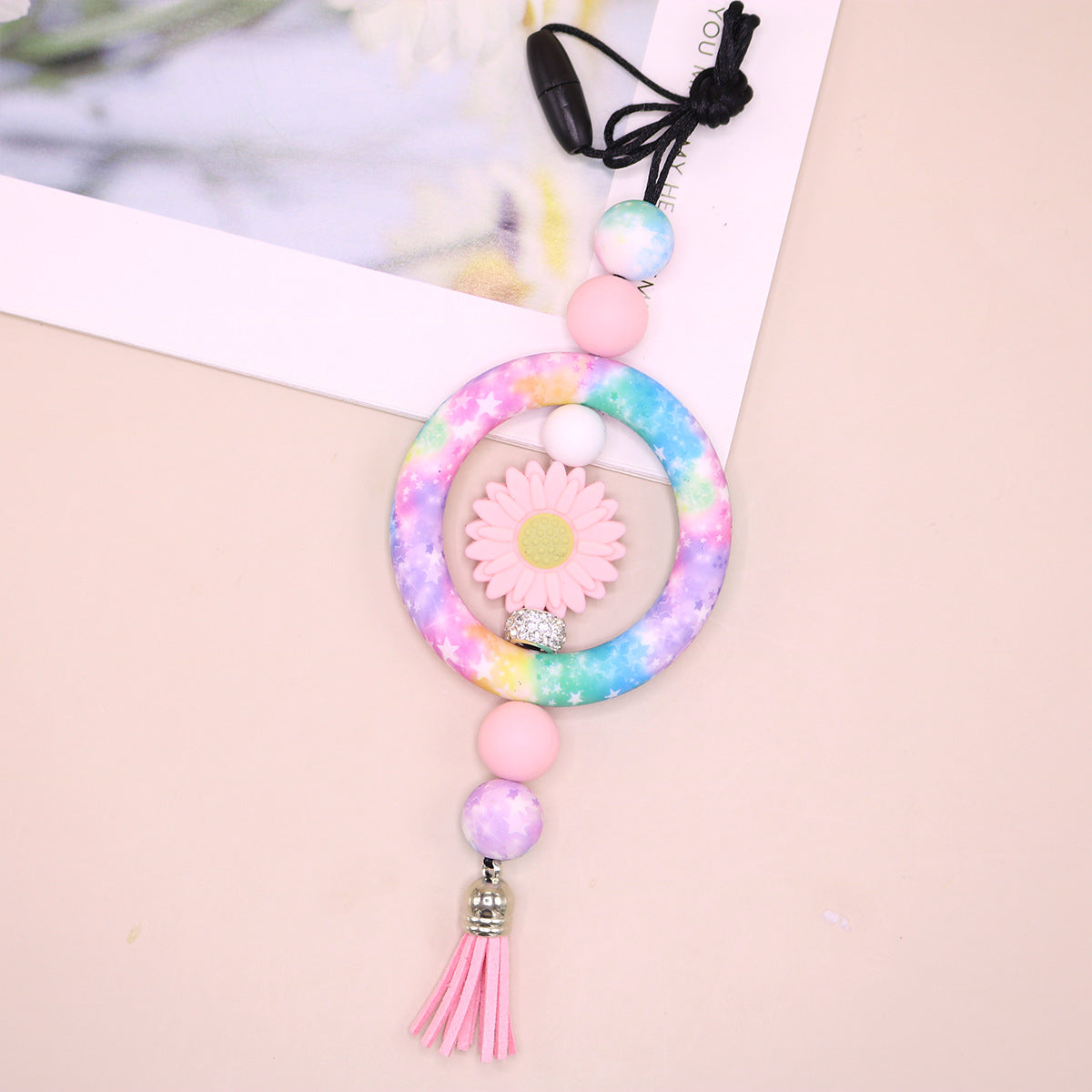 Wholesale Silicone Ring Keychain Christmas Cow Head Cross Flower Bead Pendant
