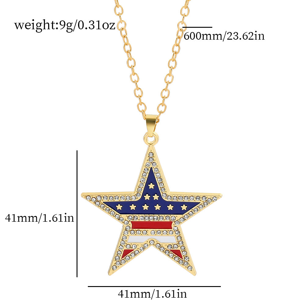 Wholesale American Independence Day Flag Five Pointed Star Diamond Alloy Necklace