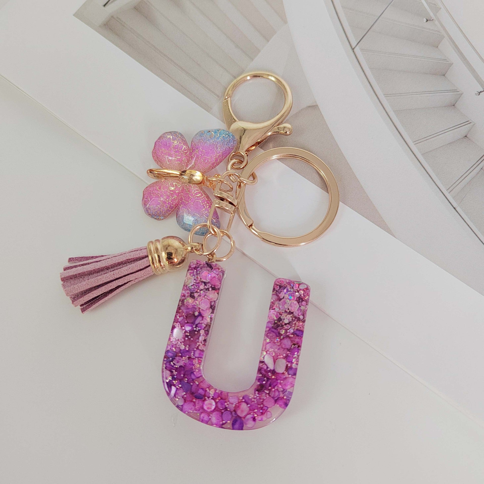 Wholesale Purple Illusion Color Double Glue Letter Glitter Tassel Keychain