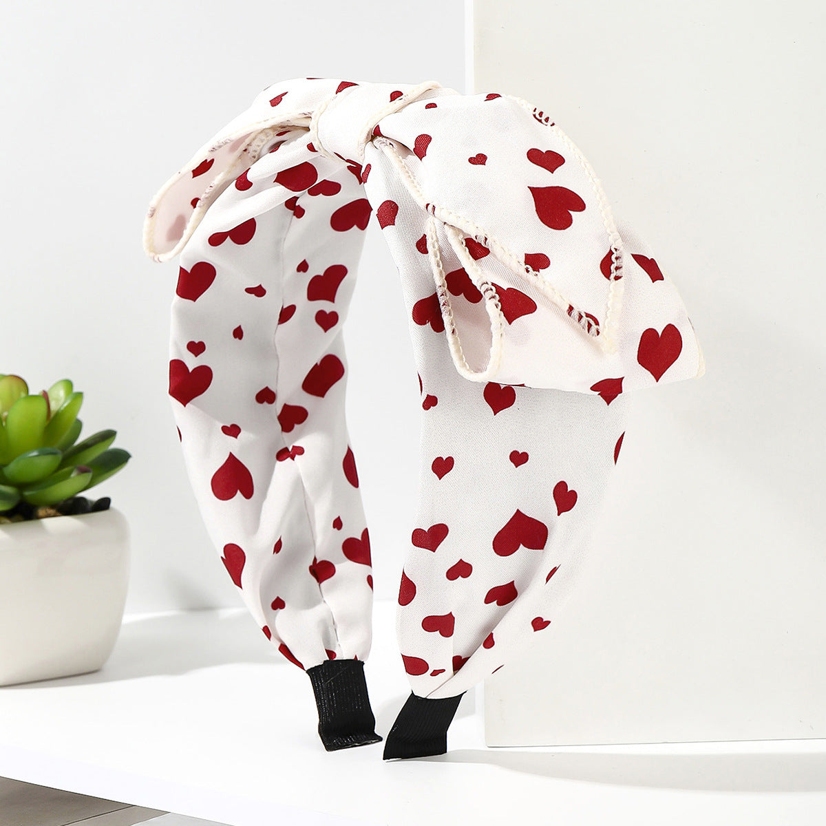 Wholesale Fabric red striped plaid solid color cherry heart wide brim bow headband