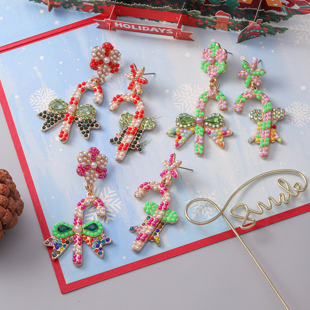 Wholesale Christmas Walking Stick Alloy Diamond and Rice Bead Earrings