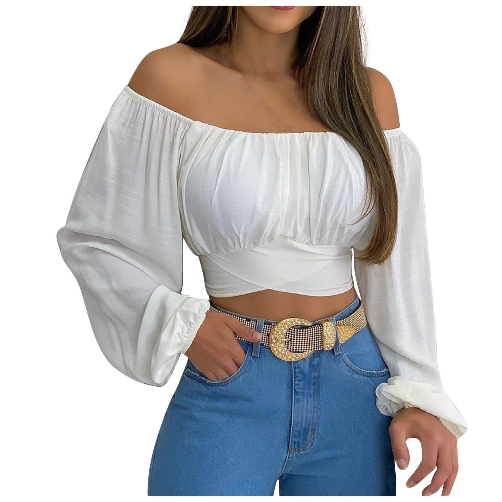 Wholesale Off-the-shoulder Cross-Strap Long-Sleeved Top
