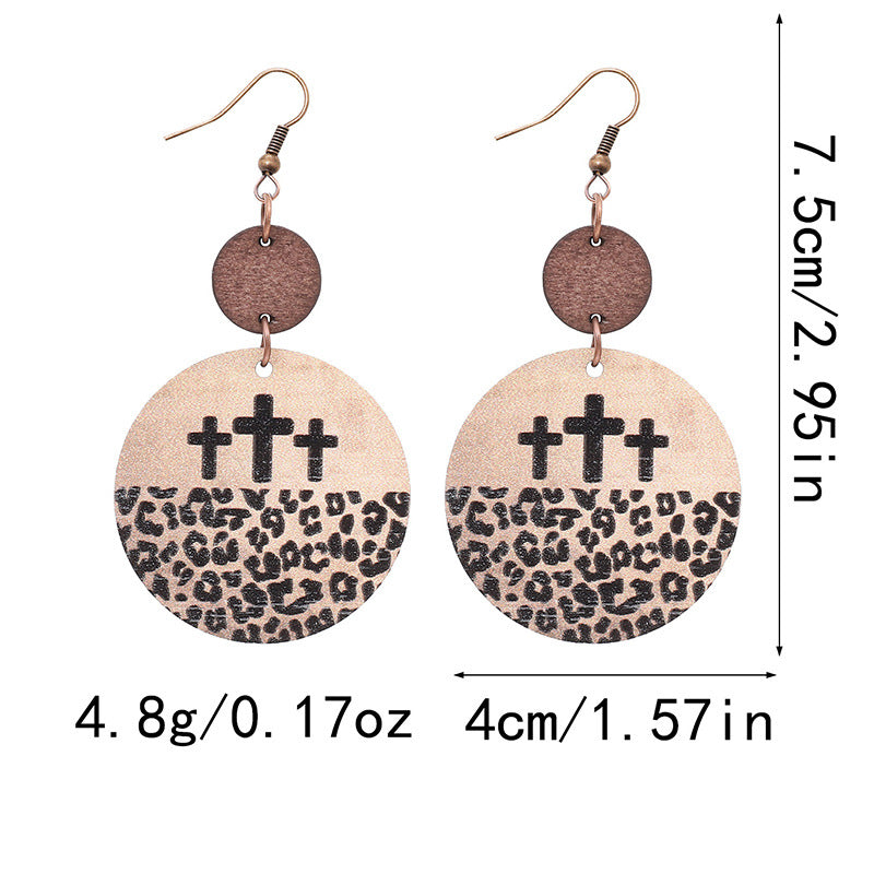Wholesale Vintage Leopard Print Cross Hollow Wood Chip Round Earrings
