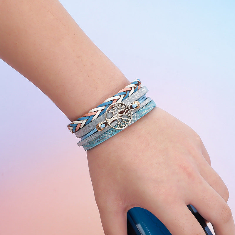 Wholesale Bohemian multi-layered leather hand-woven diamond magnetic clasp bracelet