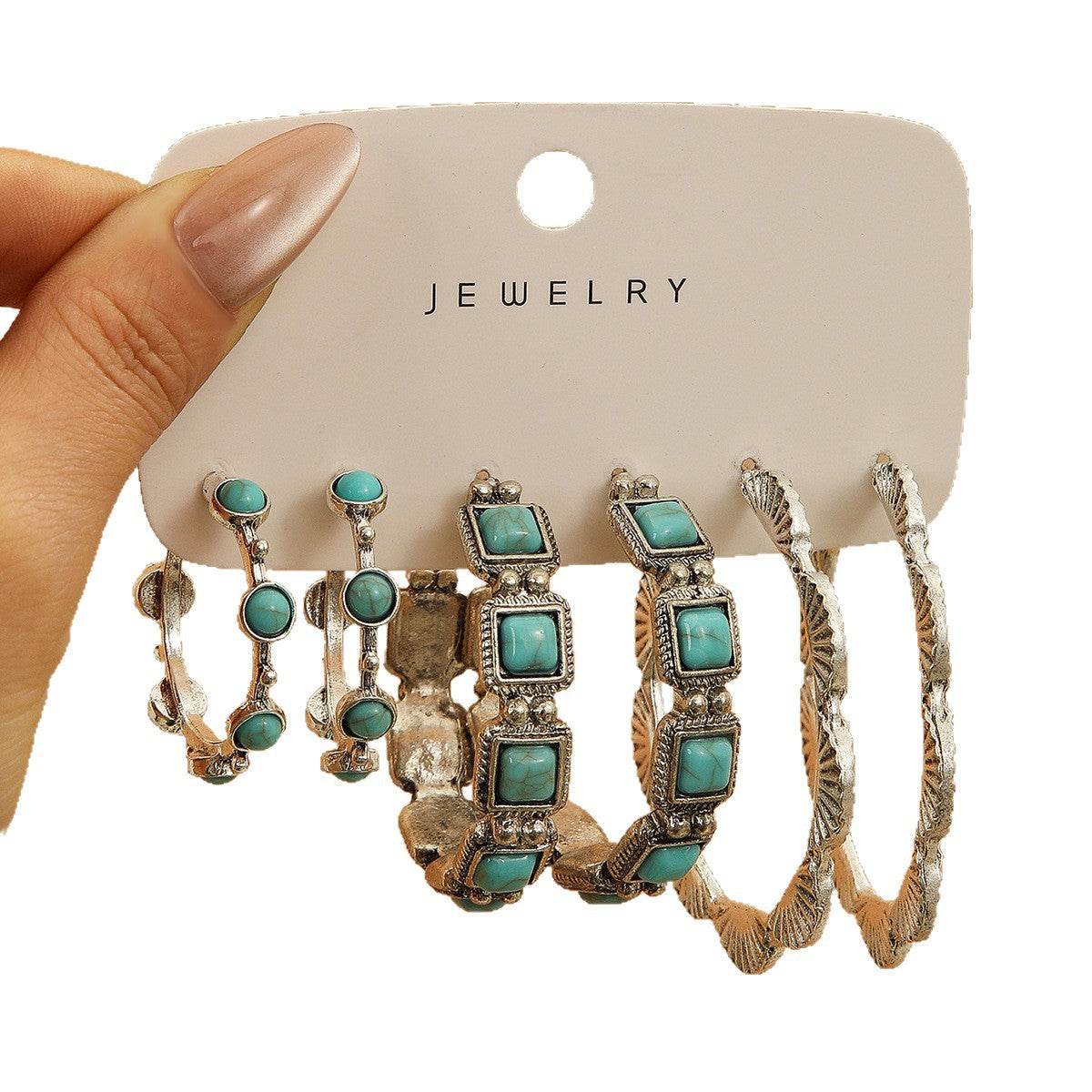 Wholesale Retro Turquoise Western C Shaped Earrings 3 Pair Set Trendy Fashion Accessory For Party Boutique Resale