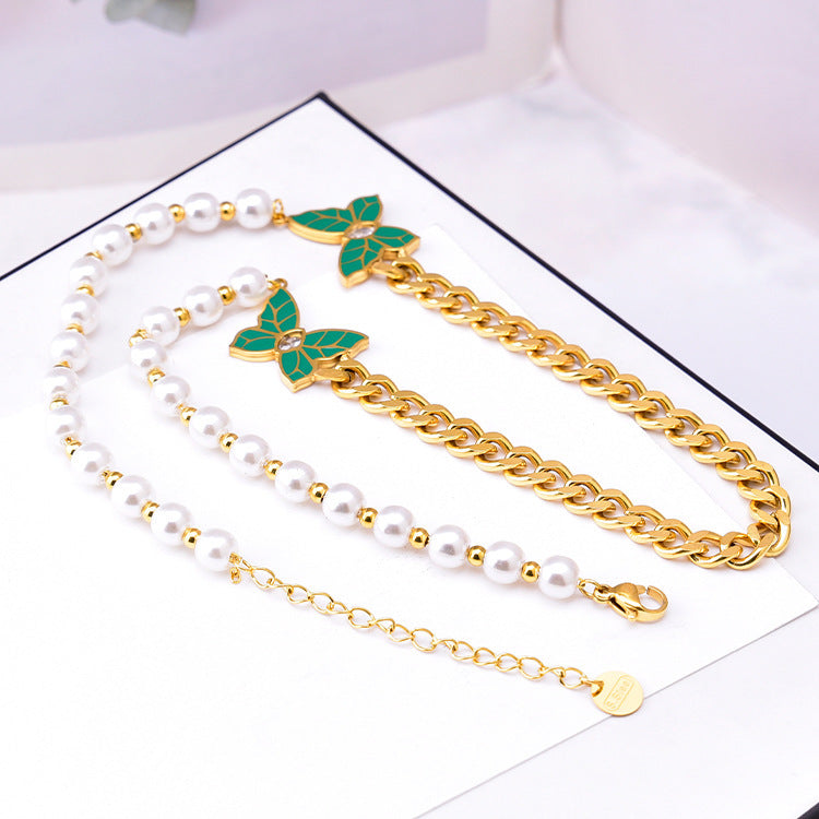 Wholesale Pearl Patterned Titanium Steel Diamond Inlaid Butterfly Necklace Set