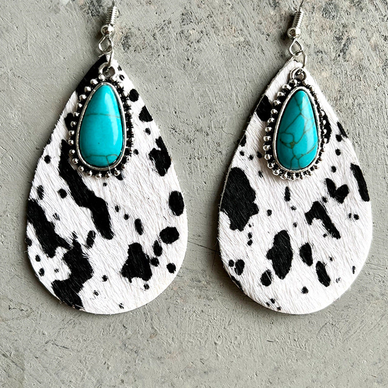 Wholesale Western Animal Pattern Cowhide Turquoise Metal Earrings