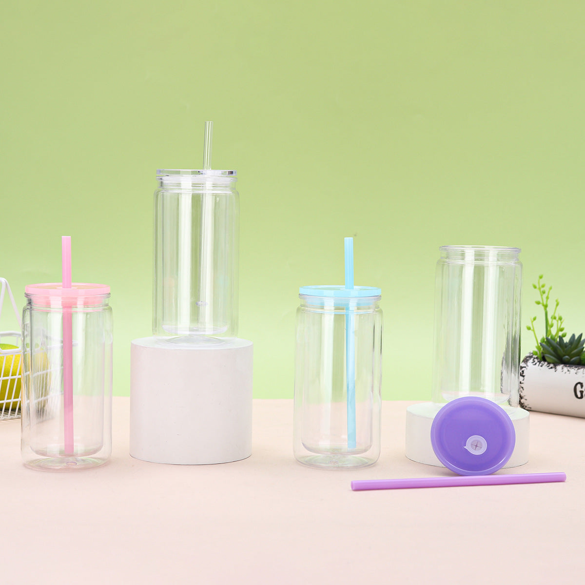 Wholesale Double Layer 16oz Plastic Cup Environmentally Friendly Acrylic Jelly Color Mason Cup Color Lid Can Be DIY Can Be Sticker